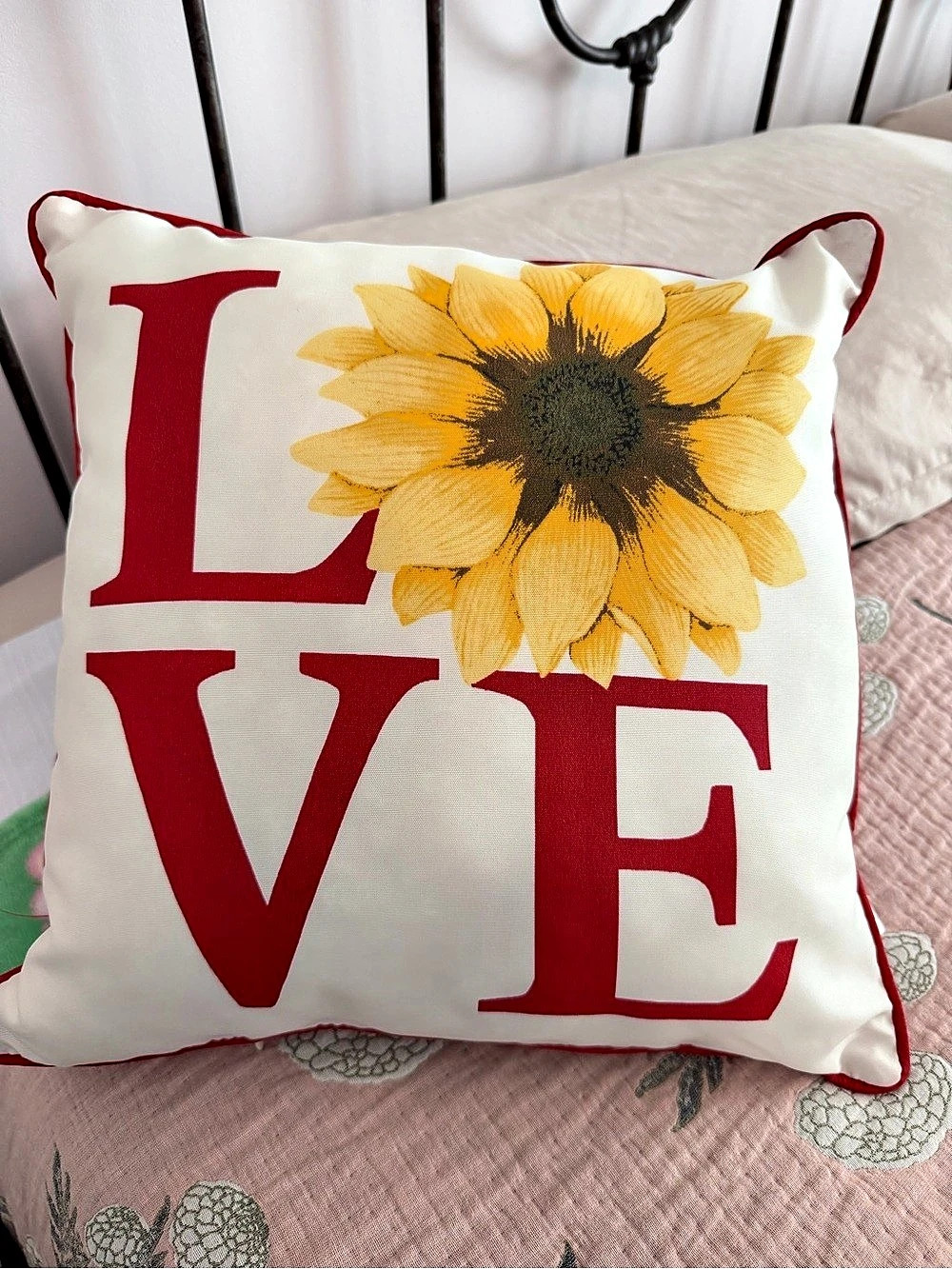 Mainstays “Love” Sunflower Throw Pillow in Red & Cream